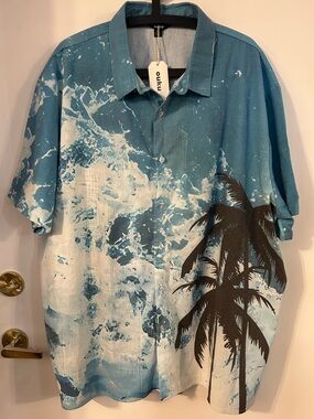 ouku Men’s Blue Palm-Print Short Sleeve Button-Down Shirt Linen Blend Size 3XL